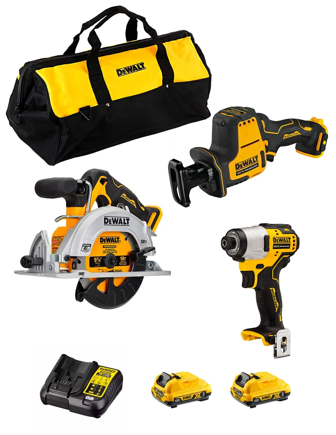 DeWALT Kit D12K303 (DCS512 + DCS312 + DCF801 + 2 x 3,0 Ah + DCB107 + Sac)